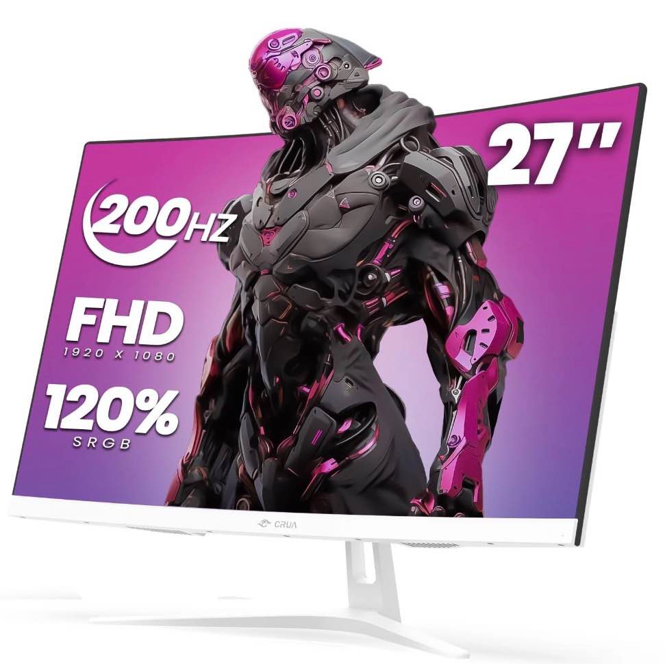 crua 27" 200hz curved gaming monitor,fhd 1800r white computer monitor,120% srgb,freesync,low motion blur,hdmi & dp