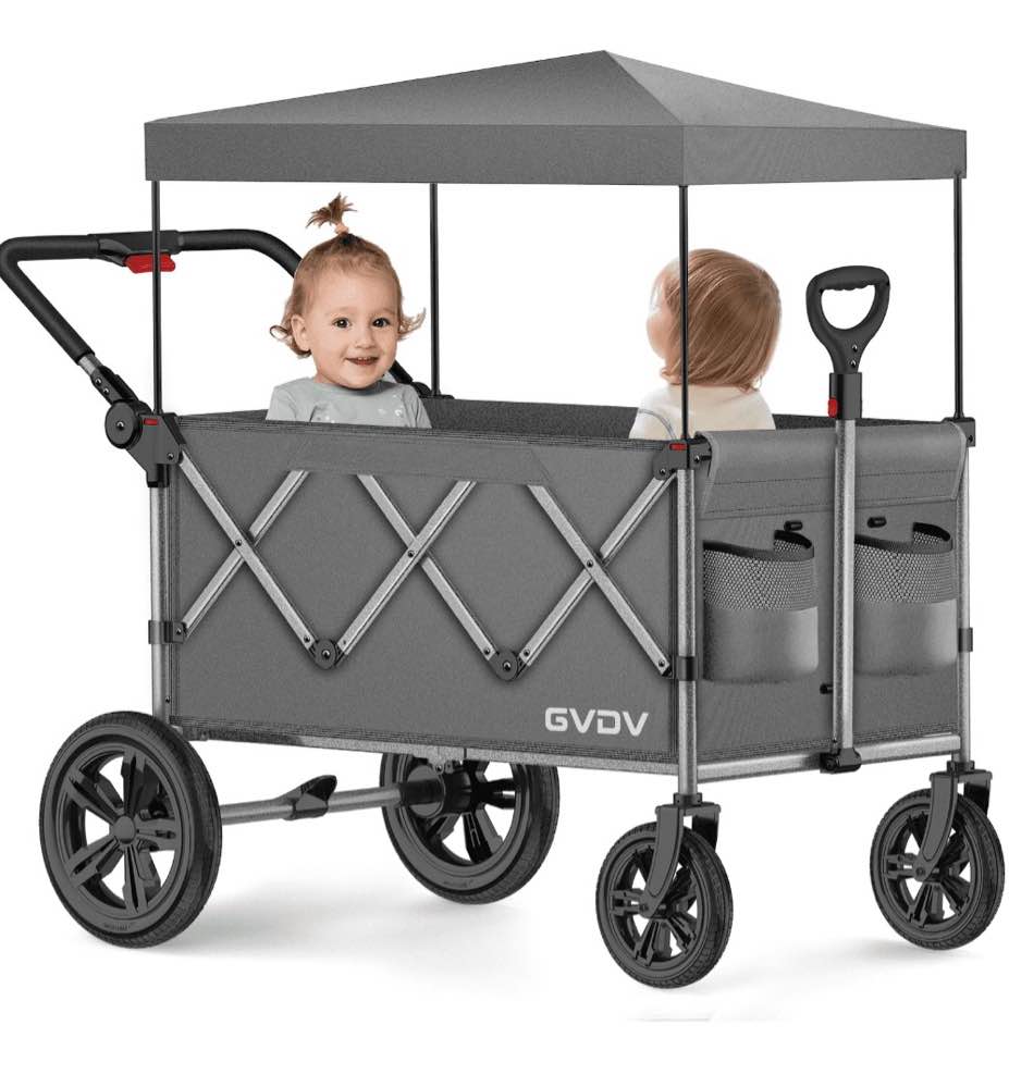 GVDV Stroller Wagon for Kids, 3-in-1 Collapsible Double Stroller Wagon for Toddlers, All-Terrain Baby Stroller with Removable Canopy, Adjustable Push/Pull Handles, 5-Point Harness, Gray