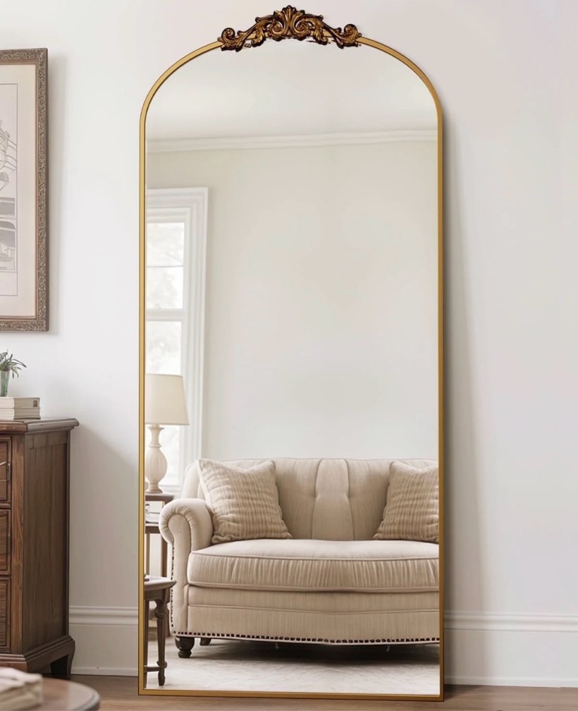 antok 71 x32  vintage arched full-length mirror with carved metal frame  baroque-style floor mirror for living room  bedroom  entryway or hallway decor  gold