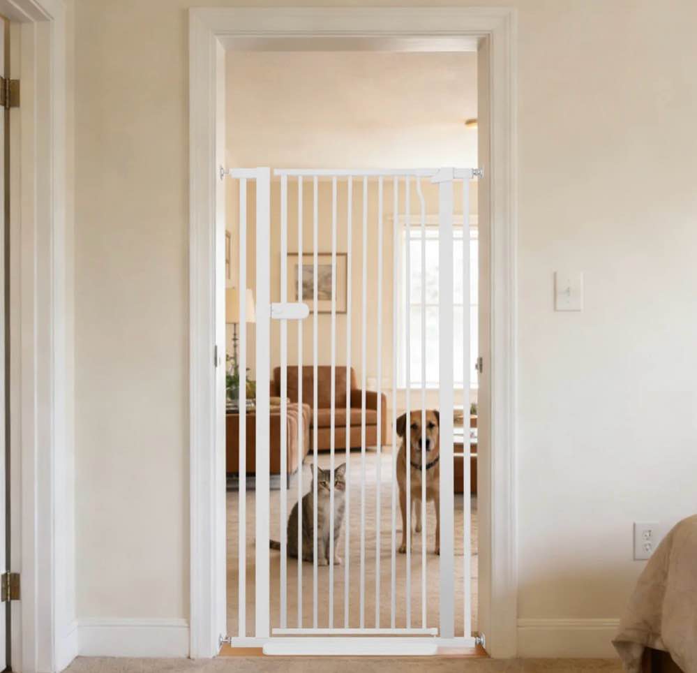 Lumizone Extra Tall Cat Gate 55.12" High Pressure Mounted White 29.92"-34.24" Extra Wide 2025 New (10 Sizes) 1.37" Gap No Drilling Auto-Close One-Handed Operation Tall Pet Gate for Dogs