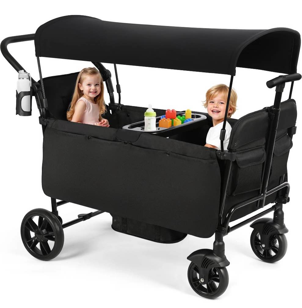 vomeast wagon stroller for kids,spacious 2-seater stroller wagon with adjustable canopy,pull & push handle,5-point harness,foldable for toddlers, black