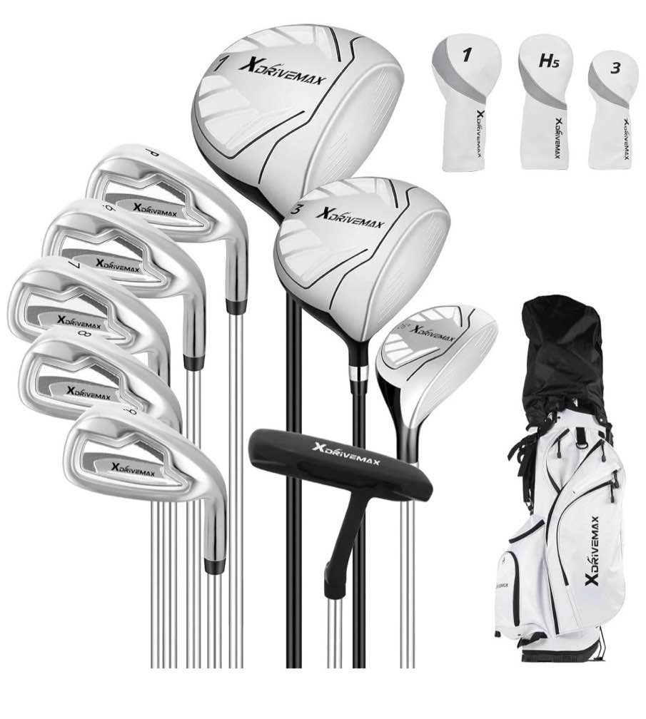 XDriveMax 10 Pieces Complete Mens  Golf Clubs Set Right Hand for Men  Includes Stand Bag with Rain Hood, 1#Driver 3#Wood #5 Hybrid,with 3 Head Covers, 6# 7# 8# 9# PW# Irons and Putter White
