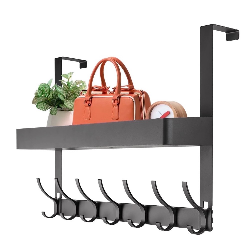 Lumikrypt Over The Door Hooks Organizer, Over The Door Towel Rack with 7 Metal Hooks & 1 Basket, Door Hangers for Clothing, Over Door Hanger for Bathroom, Bedroom, Kitchen
