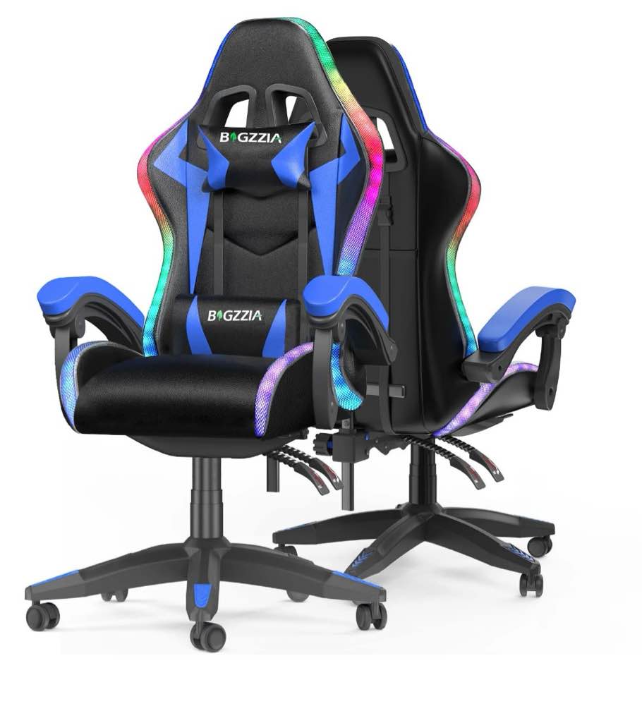 Bigzzia Gaming Chair with LED Lights, Computer Chair with Lumbar Support, Ergonomic High Back Video Game Chair with Swivel Seat and Headrest, Blue