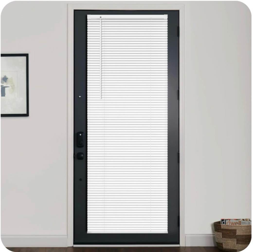 lazblinds 1  vinyl mini blinds for doors  cordless french door blinds for privacy  light filtering privacy horizontal shades for front door patio sidelight glass door  25  w x 70  h  white