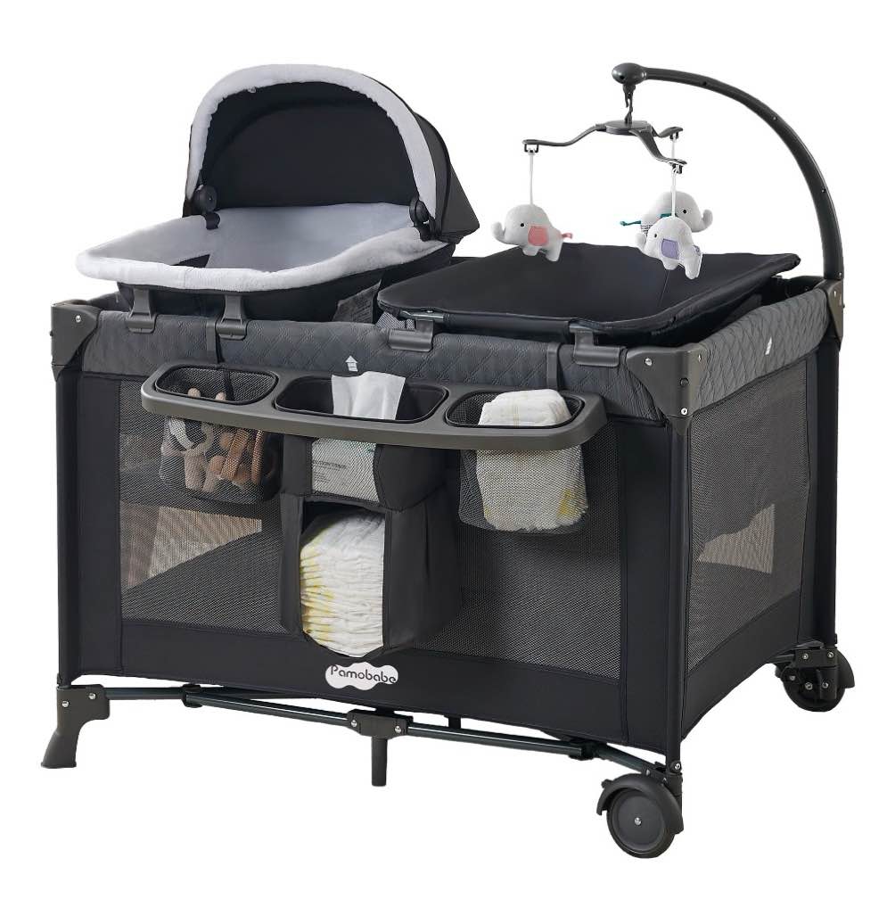 pamo babe 4-in-1 baby playard with bassinet & changing table for newborn,grey