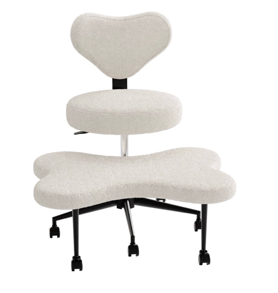 pinmoco ergonomic cross legged swivel chair, adjustable height and teddy fabric, meditation chair with back support, home and office, off white