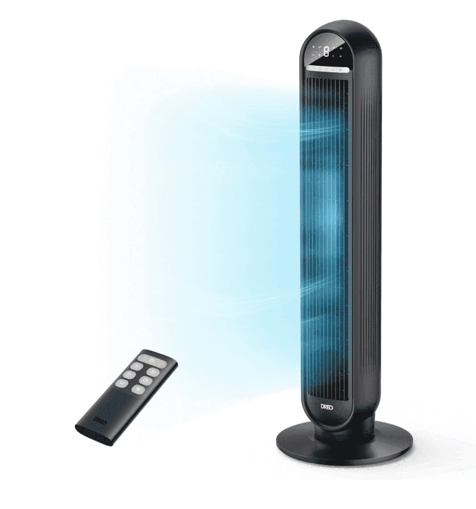 dreo tower fans for home  36  standing floor fan with remote  90° oscillating fan  24 ft/s high velocity  led display  4 speeds  4 modes  8h timer  quiet bedroom fan