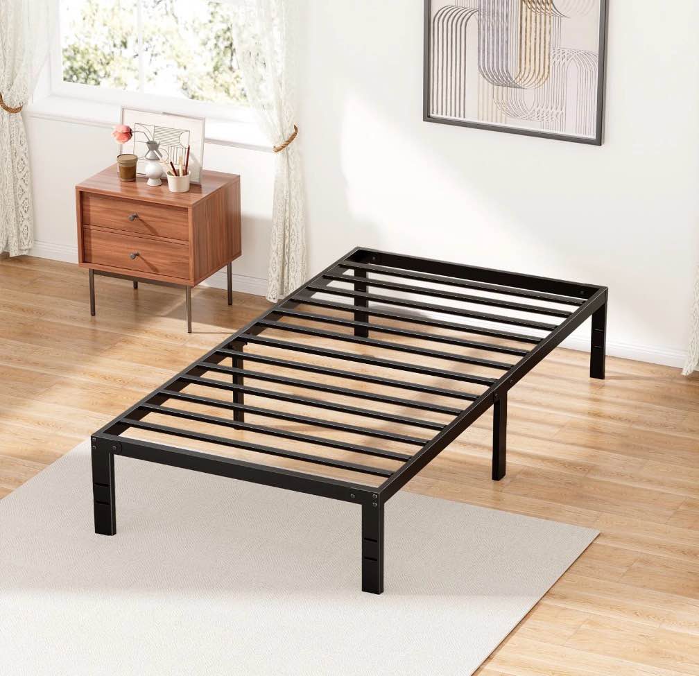 edx 14 inches twin bed frame, heavy duty metal platform with storage space under frame, no box spring needed twin size bed frame, black