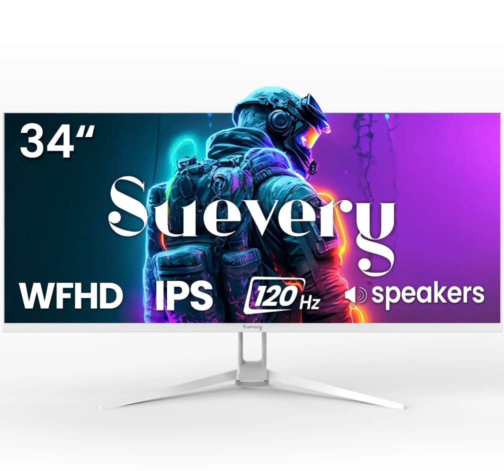 suevery 34 inch ips ultrawide gaming monitor -120hz, wfhd 2560×1080p, 120% srgb, built-in speakers, wall mountable, hdmi/dp -white