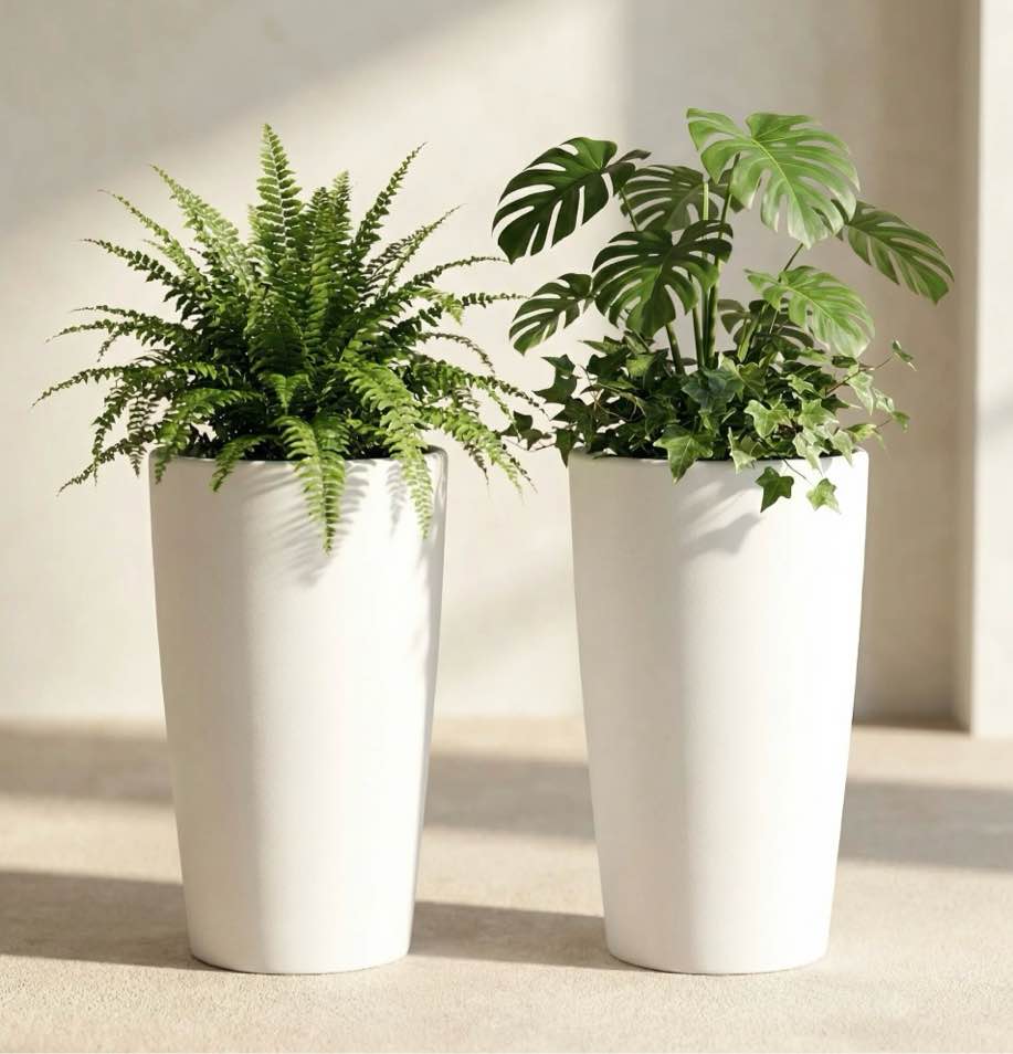 snugniture set of 2 round 22-inch tall planters, white – large indoor/outdoor pots with drainage, matte frosted finish
