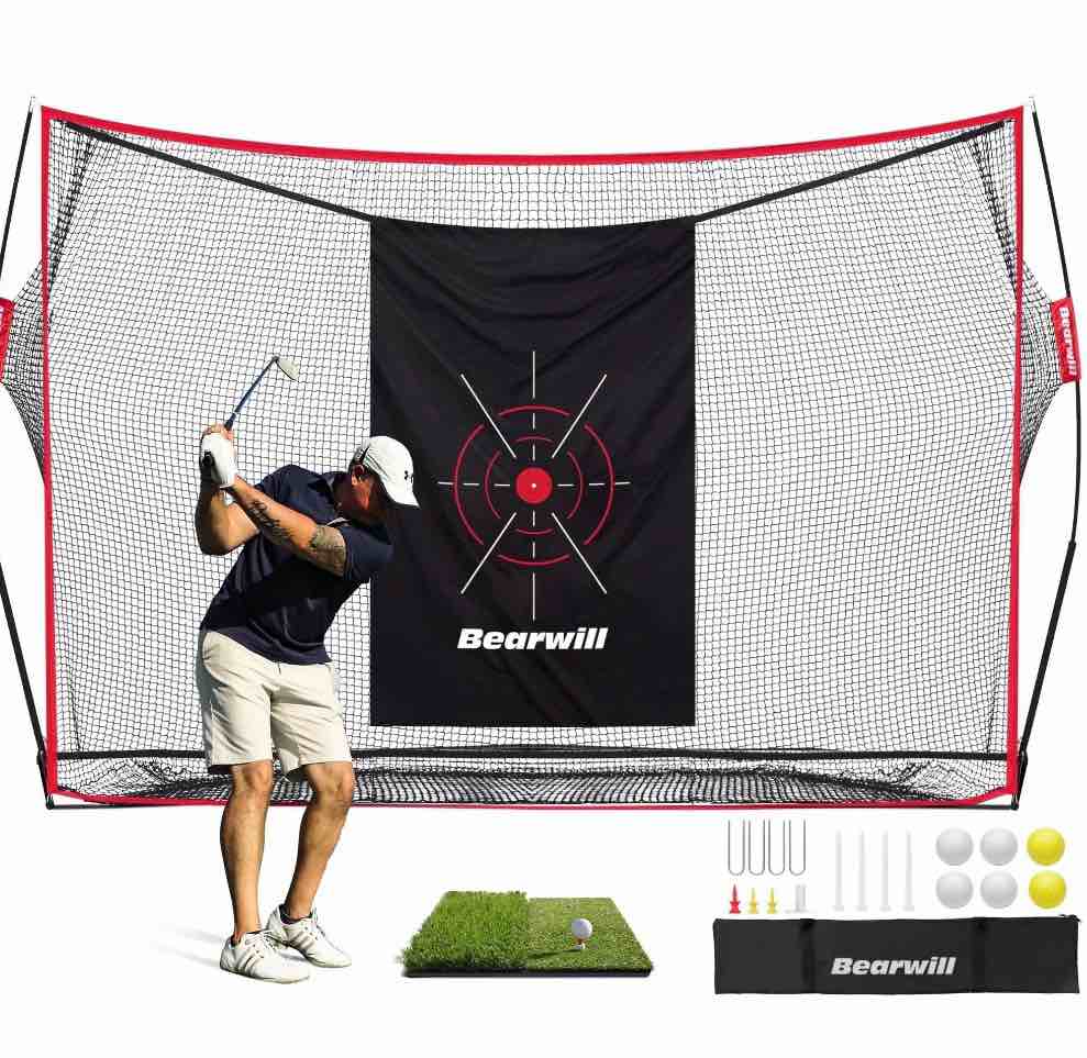 Bearwill Golf Net, 10x7ft Heavy Duty Golf Practice Nets with Mat, Target Cloth, 8 Tees, 6 Balls, Carry Bag for Backyard Driving Chipping Indoor Outdoor Training