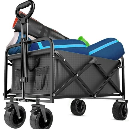 qunler 560lbs collapsible folding wagon big bucket beach cart heavy duty large capacity garden wagon with multi-terrain brake wheels for outdoor cam