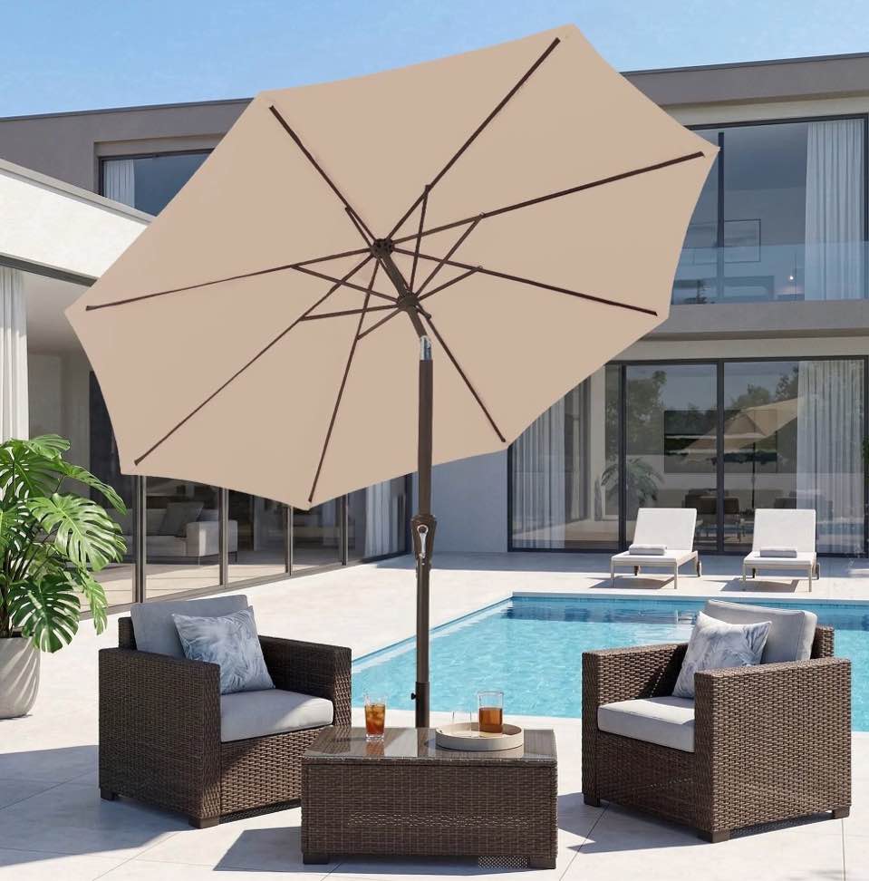 napwant 9ft patio umbrella, 8 sturdy ribs outdoor table umbrella with push-button tilt & crank for garden, deck, and pool beige