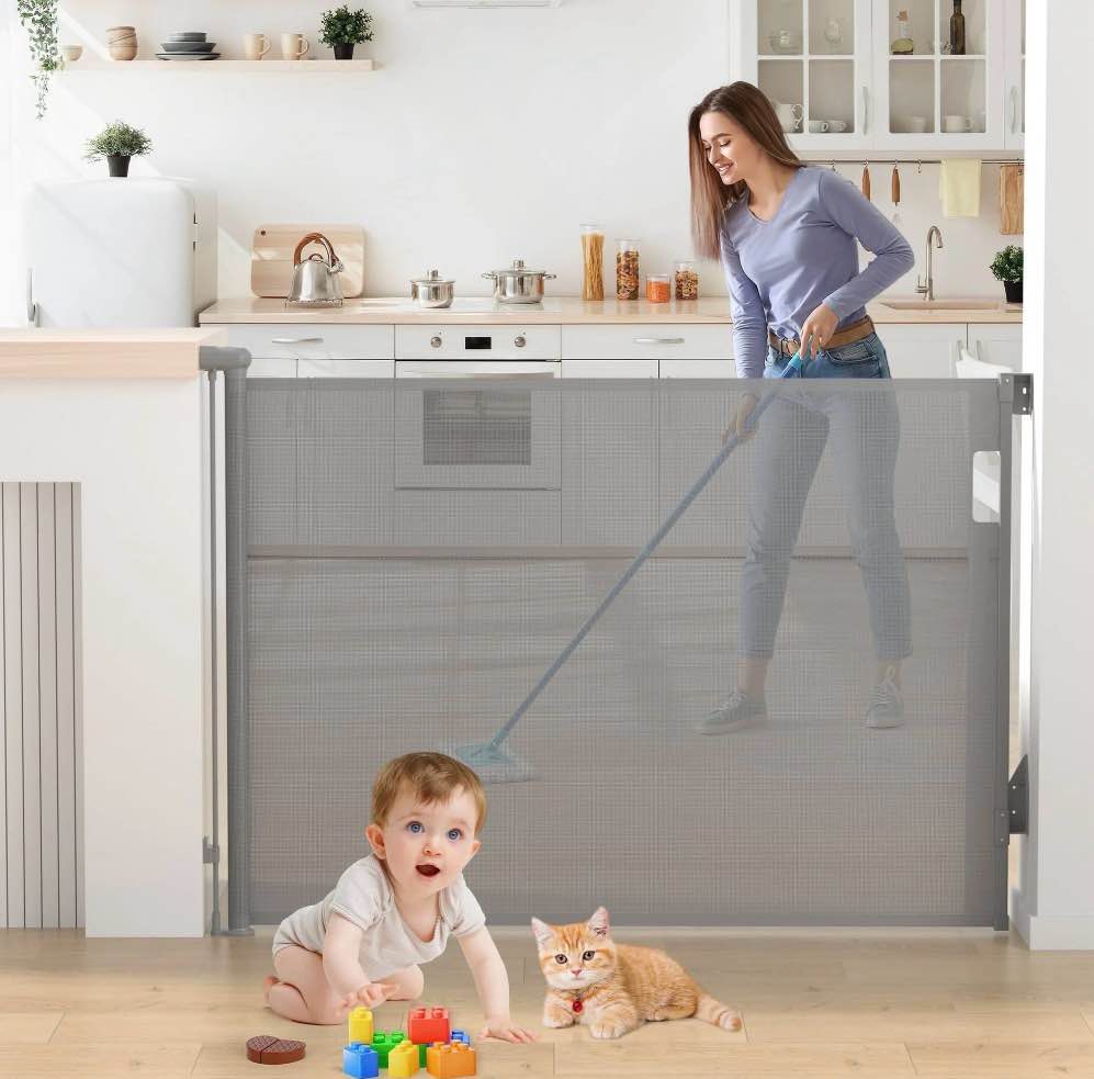 vomeast retractable safety gate,extends up to 55in wide,37.4in tall baby safety gates dog gate for doorways stairs(grey)