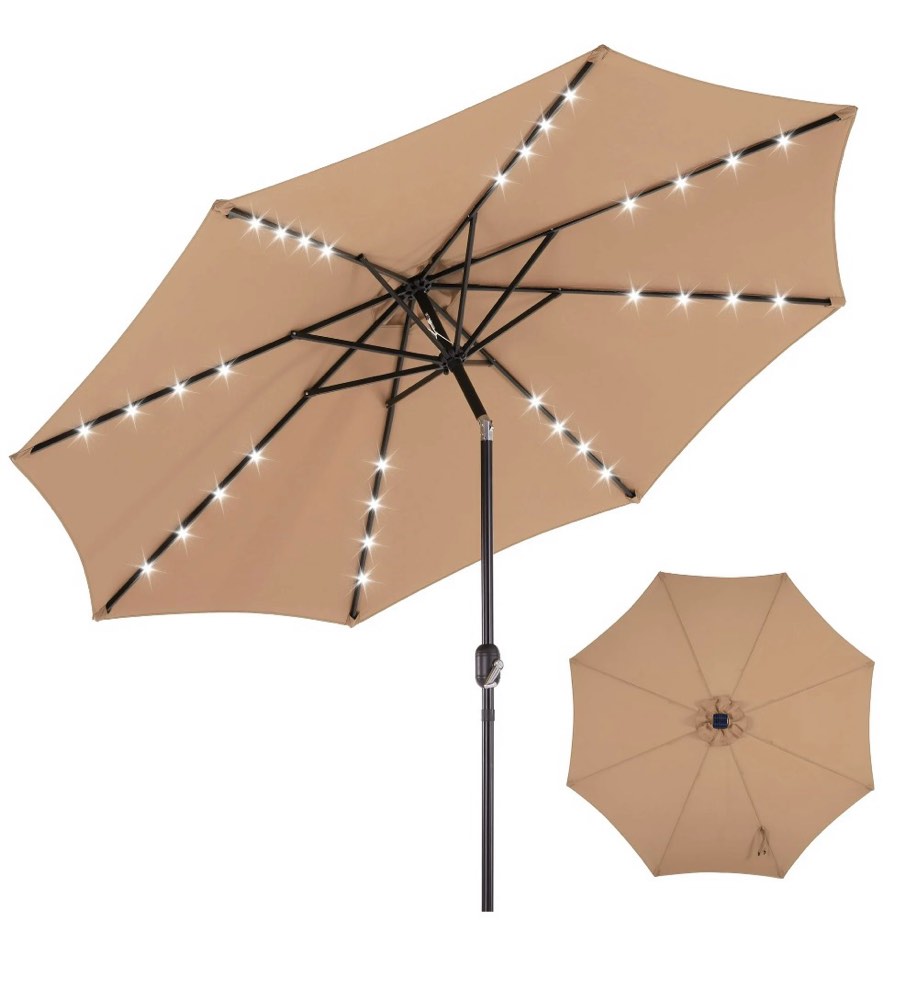 Condition photo showing New/Like New for edx 10ft solar 32 led lights patio umbrella with tilt adjustment and uv-resistant polyester fabric?market umbrella for outdoor, khaki