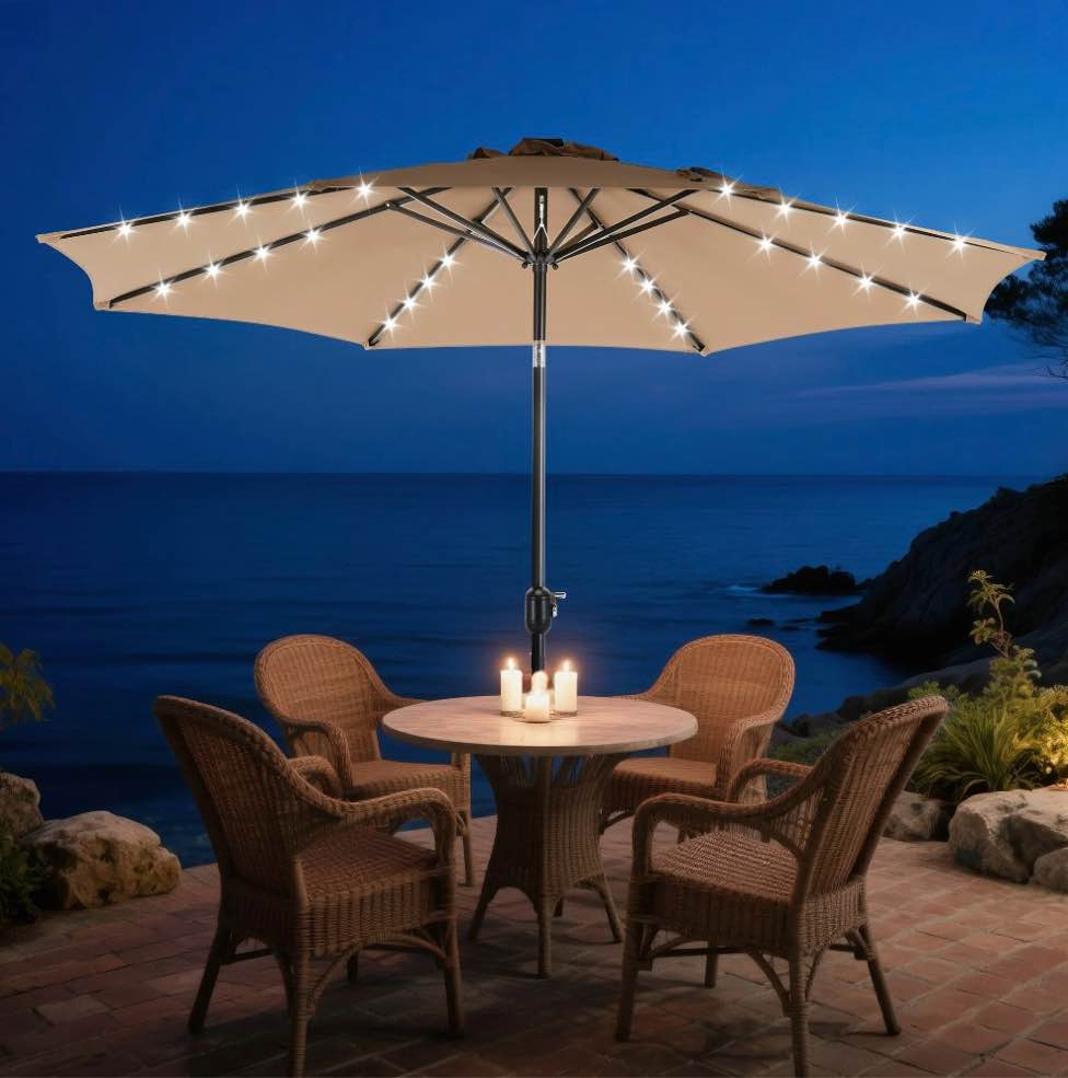 edx 10ft solar 32 led lights patio umbrella with tilt adjustment and uv-resistant polyester fabric?market umbrella for outdoor, khaki