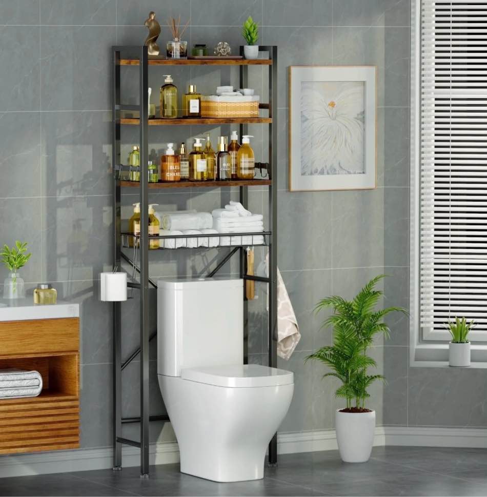 capri over the toilet storage shelf, 4-tier freestanding bathroom organizers and storage, above toilet space saver rack with adjustable shelves, toilet paper holder and 9-hooks, rustic brown