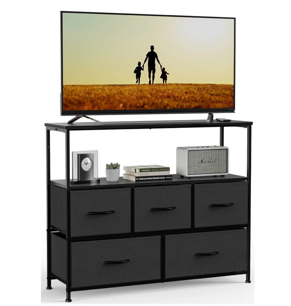 concetta dresser for bedroom, tv stand with drawers, fabric dresser with 5 drawers and open storage shelf for living room, black