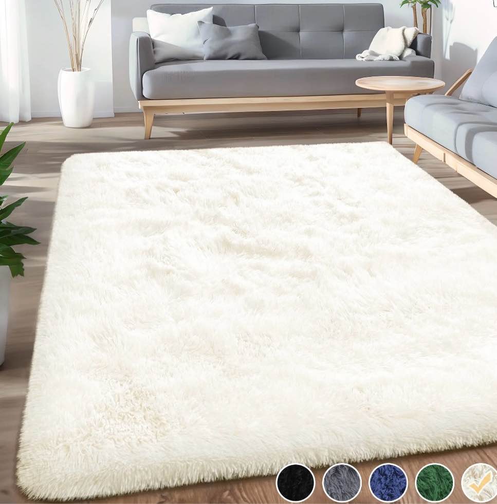nefoso shag area rug, 5ft x 7ft soft fluffy area rugs for living room bedroom decor carpet, rice-white