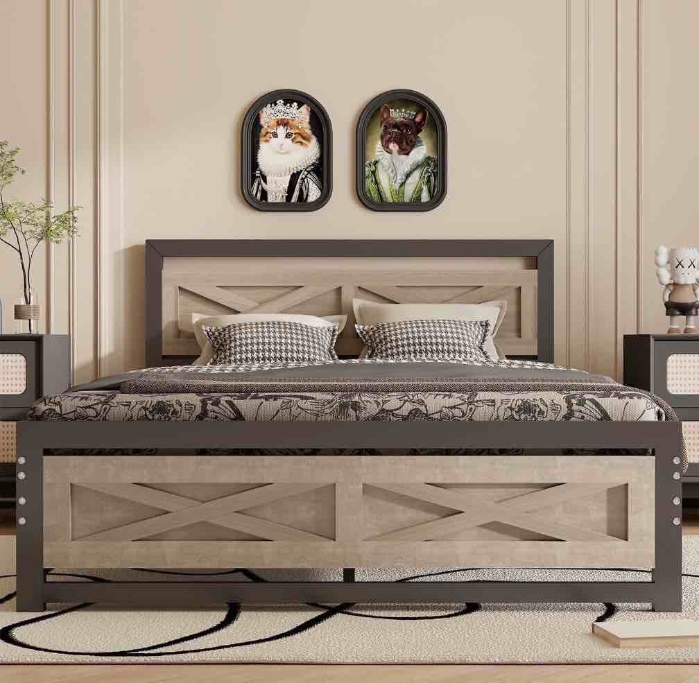 behost full size bed frame, farmhouse wood metal platform full bed frame with headboard and 11" underbed storage