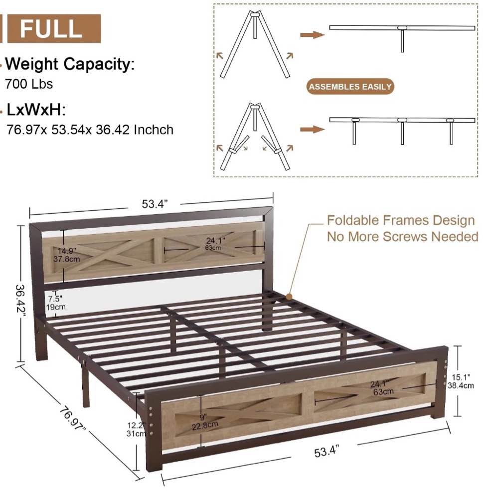Condition photo showing Good Condition for behost full size bed frame, farmhouse wood metal platform full bed frame with headboard and 11" underbed storage
