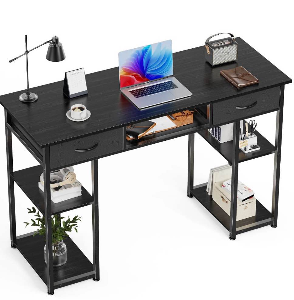 Condition photo showing Good Condition for edx small desk fabric drawers & storage shelves, home office computer desk, writing desk small space desk study table for home, bedroom, 48 inch, balck