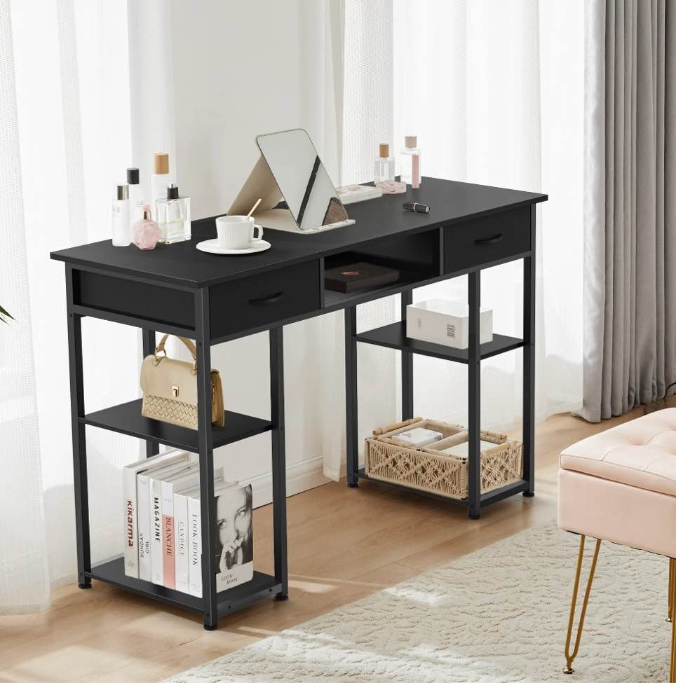 edx small desk fabric drawers & storage shelves, home office computer desk, writing desk small space desk study table for home, bedroom, 48 inch, balck