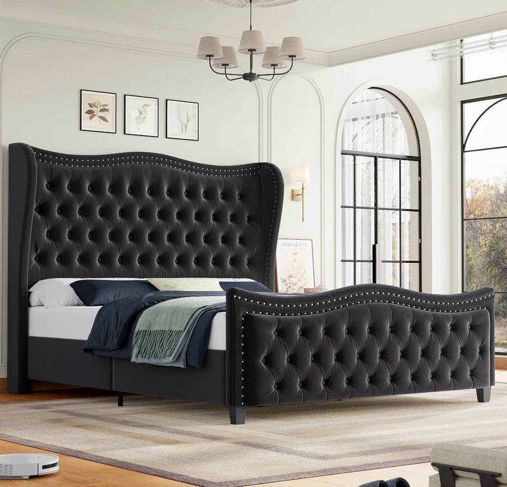 homfa queen size upholstered bed, modern velvet tufted platform bed with wingback headboard, black