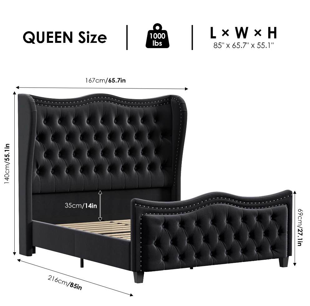 Condition photo showing New/Like New for homfa queen size upholstered bed, modern velvet tufted platform bed with wingback headboard, black