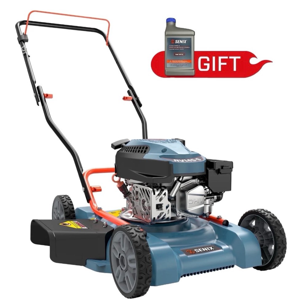 senix gas lawn mower  18in cutting blade / 19in cutting deck  144cc 4-cycle engine push mower with side discharge