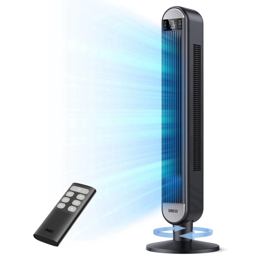 dreo tower fan for home, 42" standing fan with remote, 90° oscillating fan for indoors, 34db quiet bedroom fans, 6 speeds, 4 modes, 12h timer, bladeless fan with led display, 26 ft/s high velocity