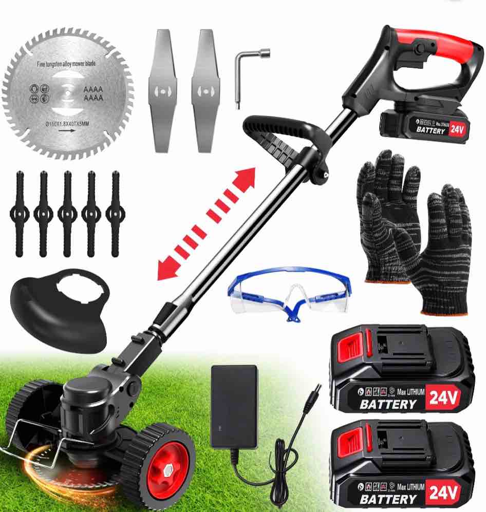 tntants electric weed wacker  cordless string trimmer with wheels  2pcs 24v batteries  3 types of blades  adjustable length  weed eater grass trimmer/edger/brush cutter for lawn yard garden (black)