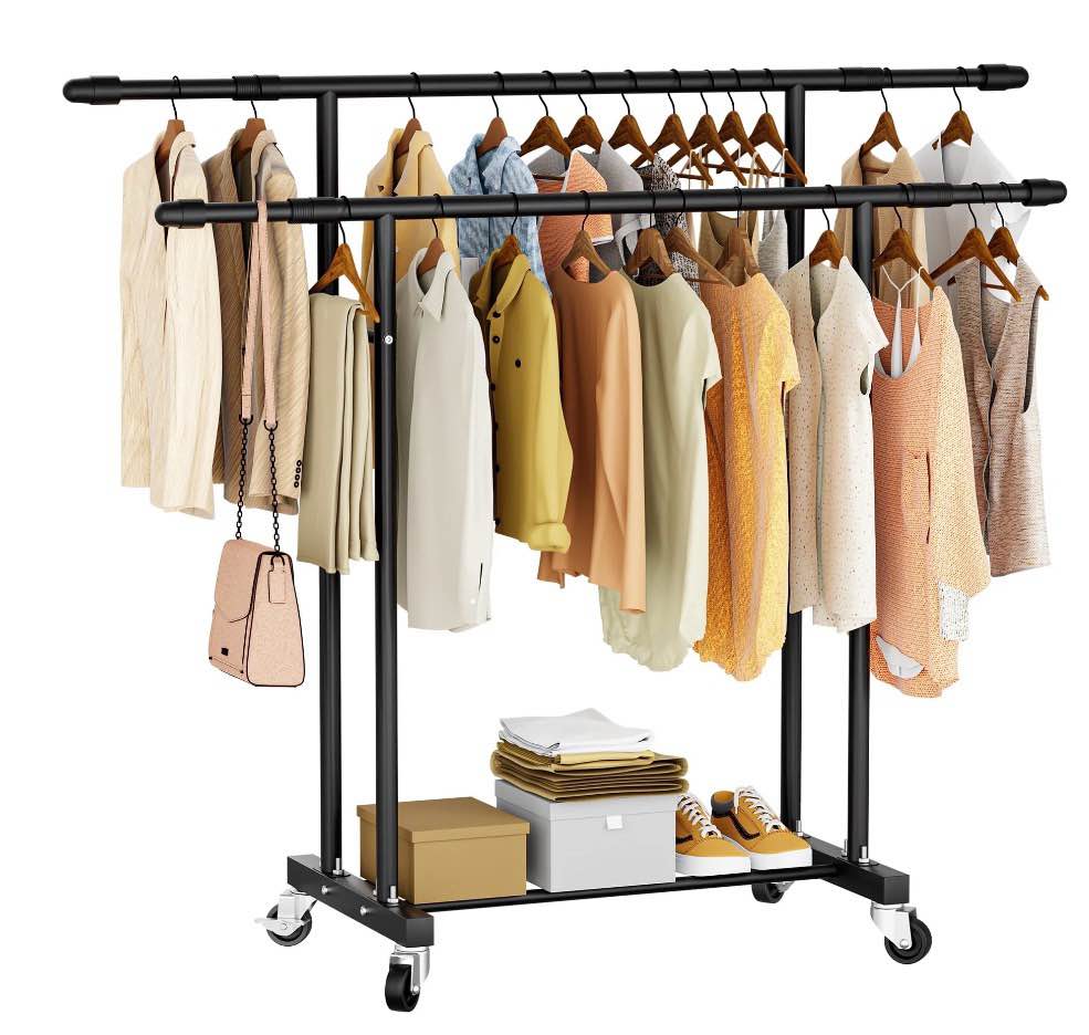 flngr heavy duty clothes rack, standing rolling clothing rack for hanging clothes with sturdy wheels & shelves, portable closet wardrobe rack