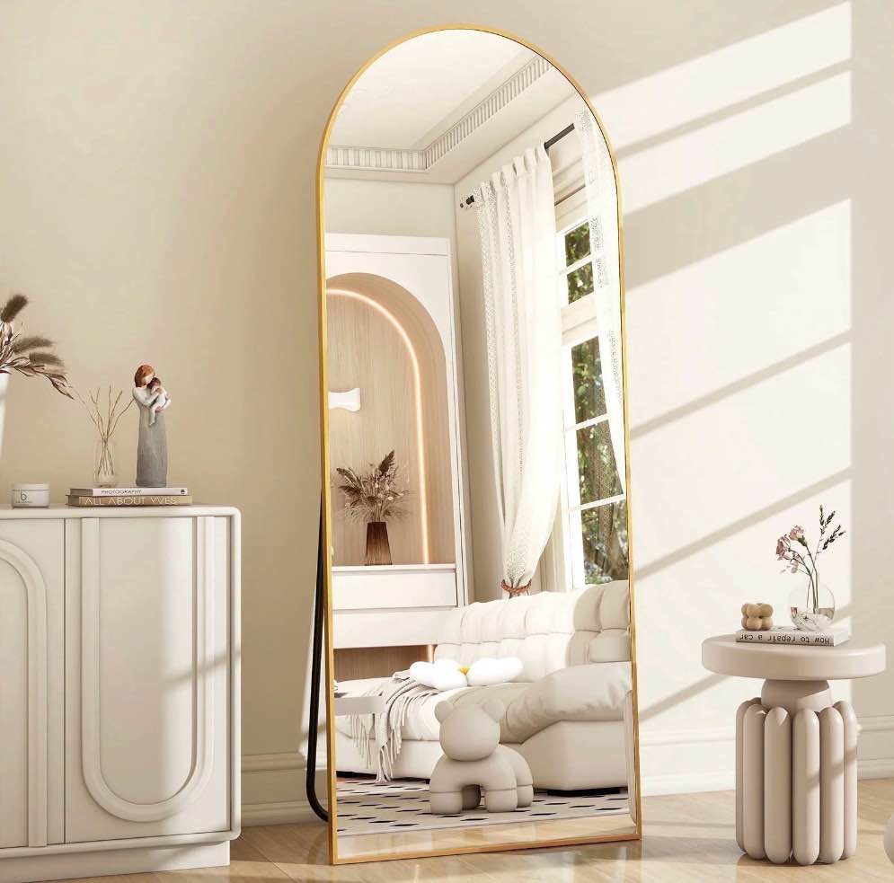 beautypeak arched 64.1"x21.1" full length mirror floor mirror sturdy mdf mirror with stand full body mirror, gold 21.1"w x 64.1"h