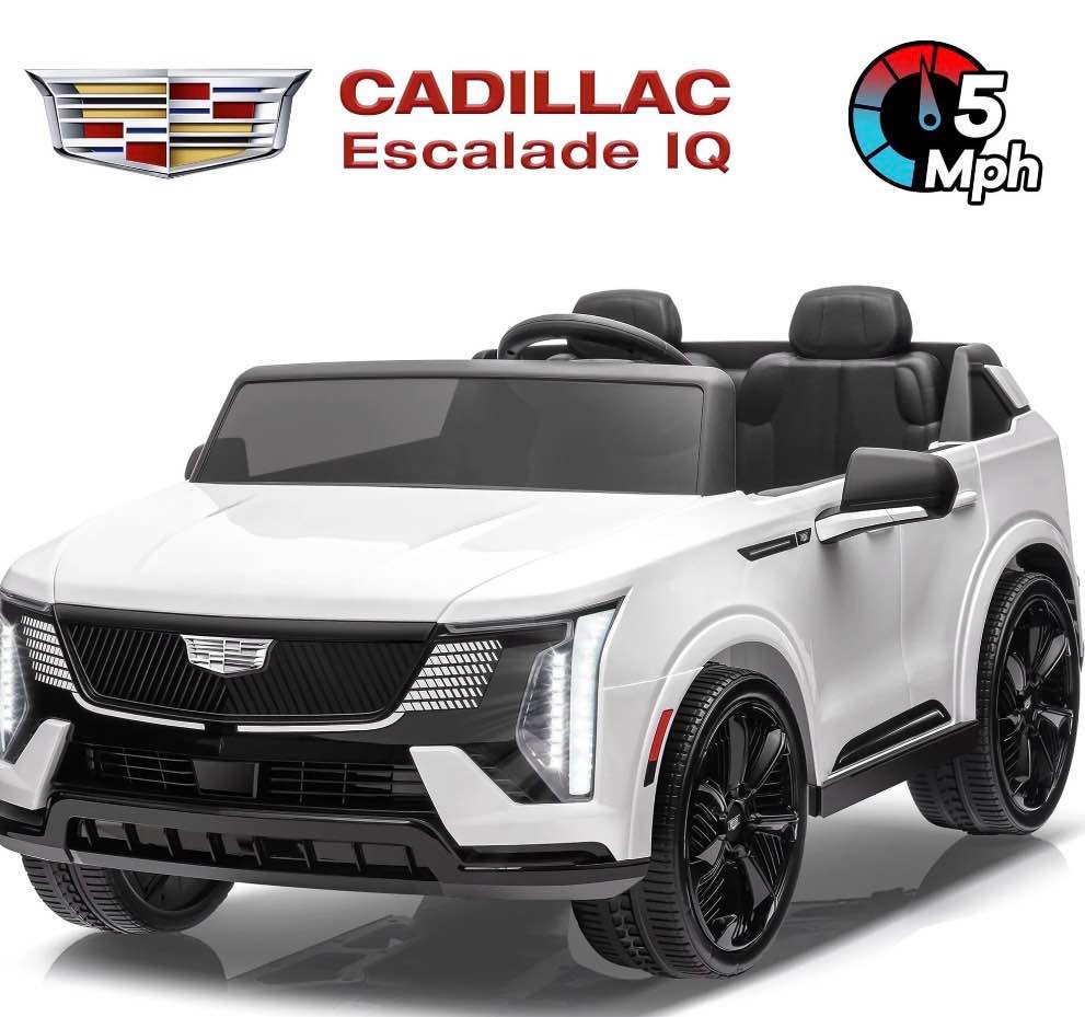 24v 2 seater ride on cars, licensed cadillac escalade iq powered ride on toys truck with remote control, 4 wheels spring suspension, led light, electric cars for kids ages 3-8 gifts, white