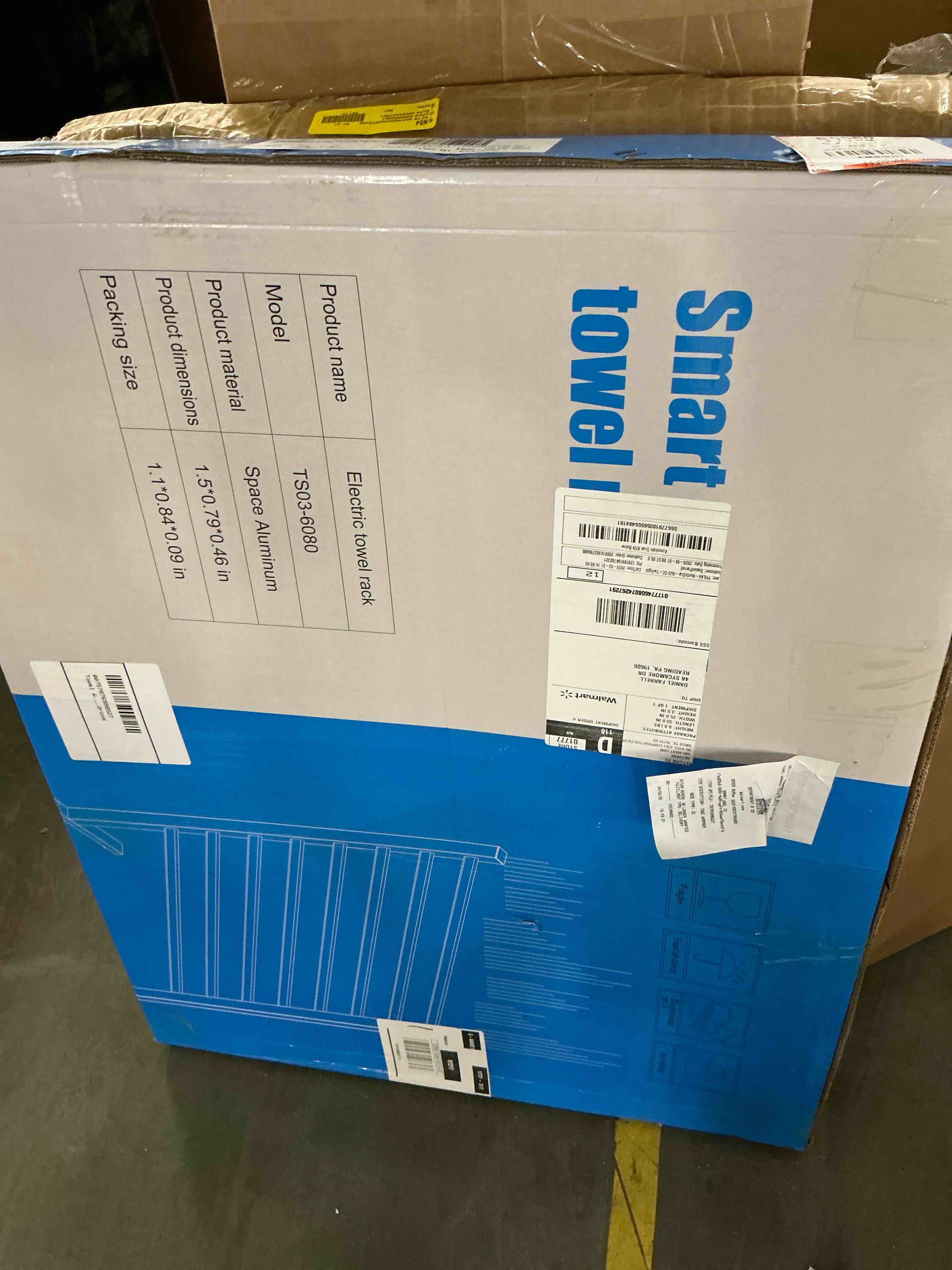 Condition photo showing New/Like New for towel warmer rack, heated towel racks for bathroom, with timer and temperature adjustment, overheat protection function, 8 heating rods, freestanding towel warmer white