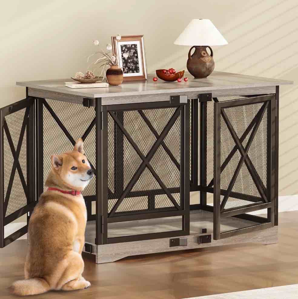 48 inch extra large dog crate furniture,double door indoor kennel,end side table wooden dog crates,anti-chew anti-escape, gray