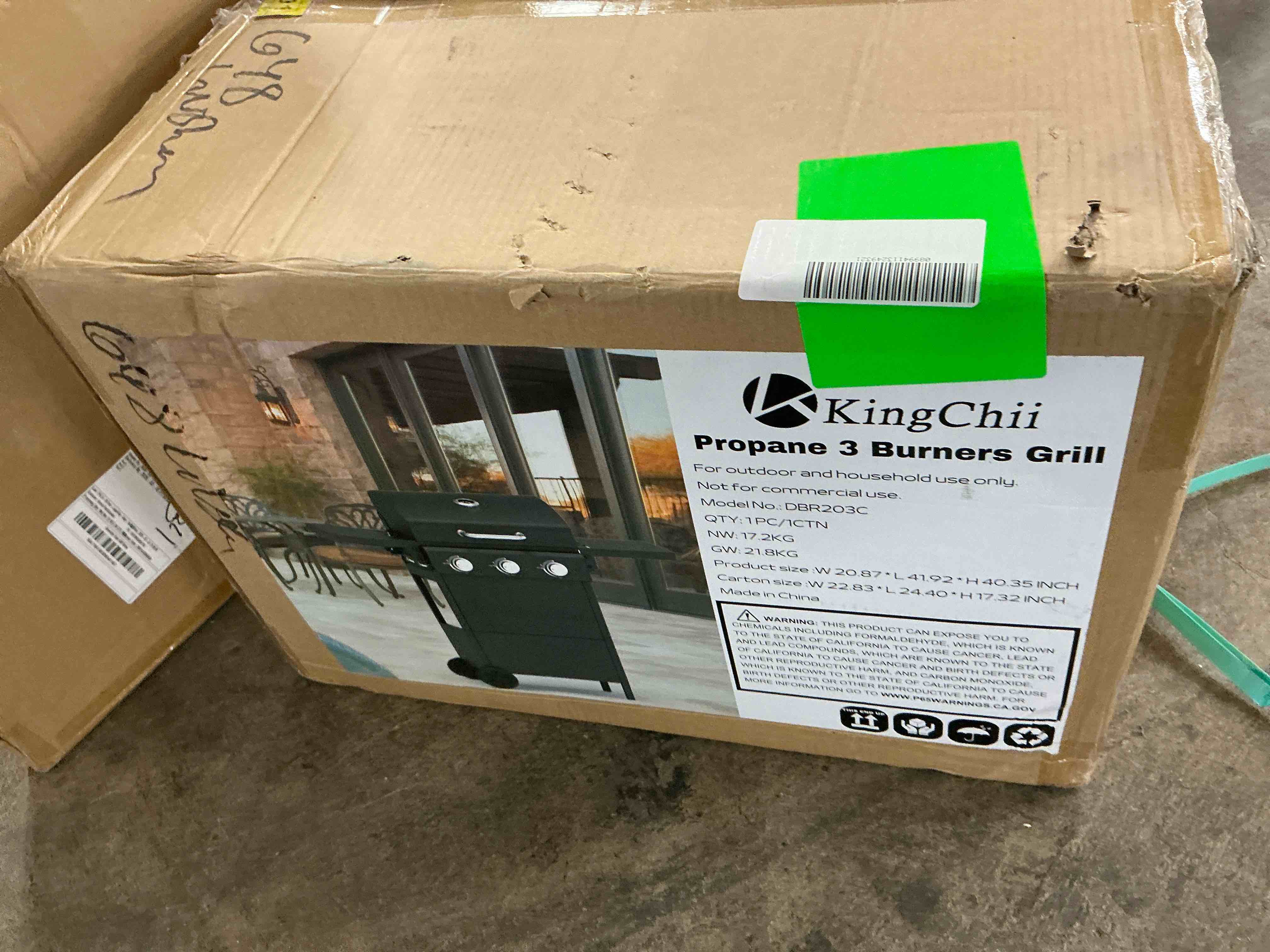 Condition photo showing New/Like New for kingchii 3-burner propane grill, 28,500 btu btus gas grill with foldable side tables, built-in thermometer for outdoor grilling, bbqs and camping