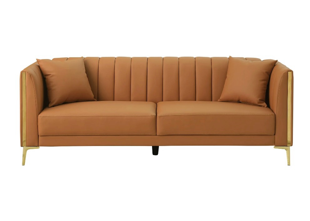 Condition photo showing New/Like New for homfa 77.6" 3 seater sofa, modern pu leather couch with golden legs & armrests & 2 pillows for living room, brown