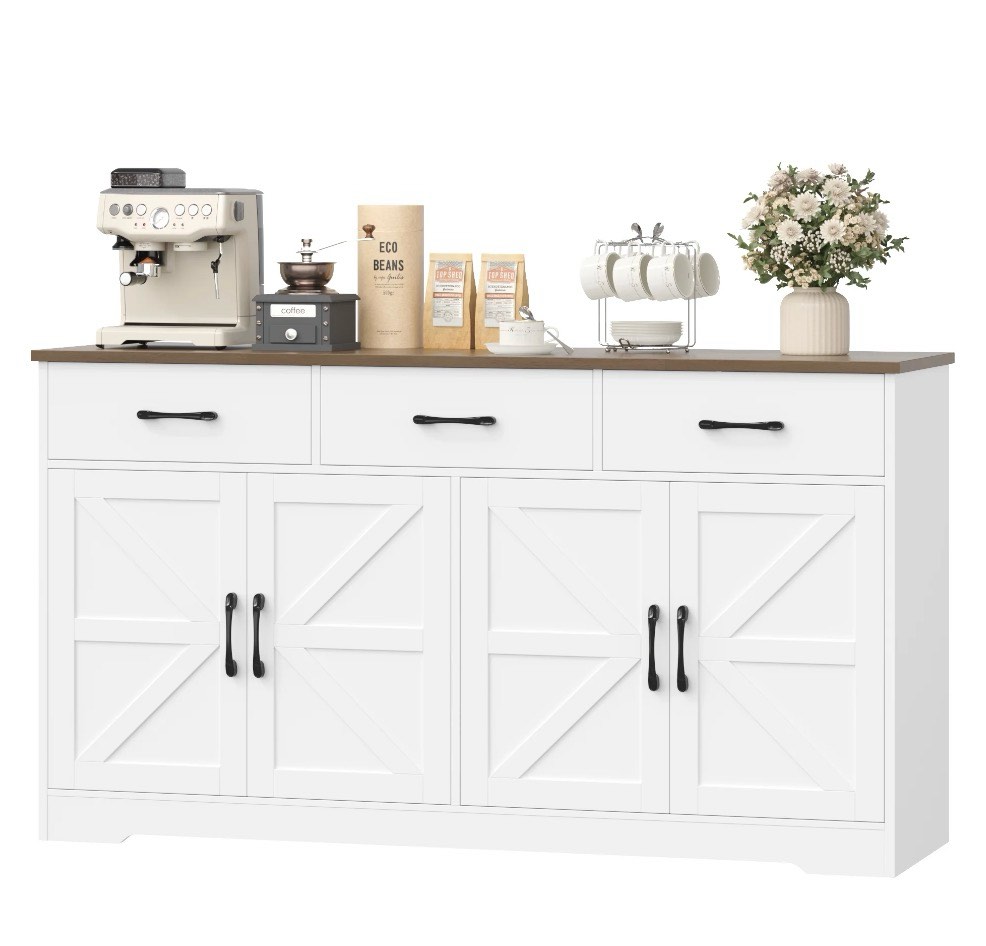 Condition photo showing New/Like New for homfa 59"w farmhouse kitchen sideboard credenza, lengthen storage cabinet for dining room, 4-doors 3-drawer wood buffet with adjustable shelves, white