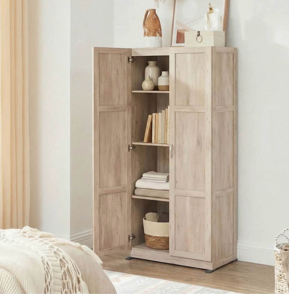 concetta 71 inch wooden storage cabinet, freestanding cupboard, 4-tier home organizer for kitchen, living room, bedroom, pantry, beige