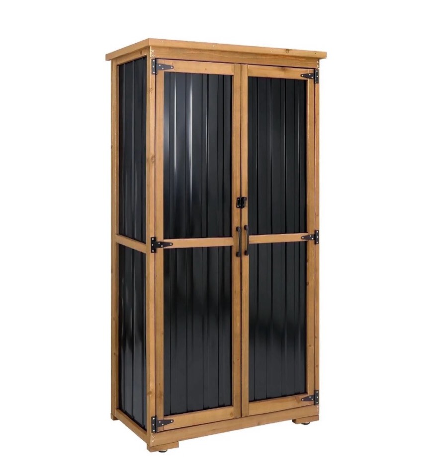 Condition photo showing Good Condition for outdoor storage cabinet waterproof with shelves, small storage shed, vertical tall patio backyard garden storage cabinet tool organizer for outside