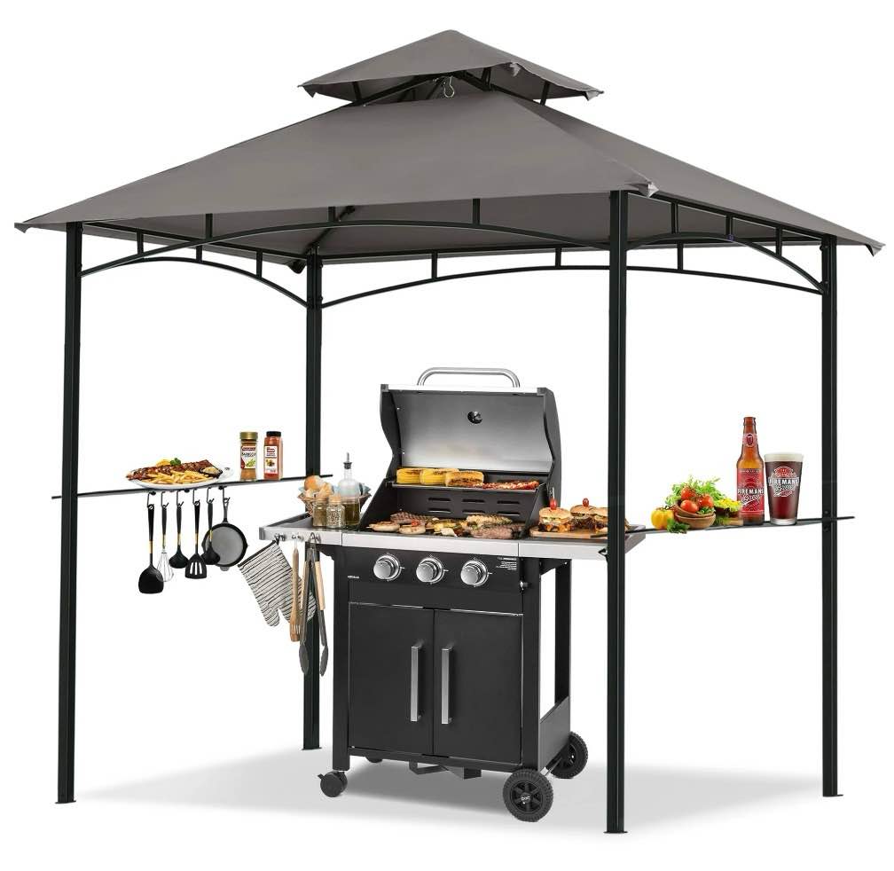 mastercanopy 8 x 5ft outdoor bbq grill gazebo with led lights and shelves, dark gray