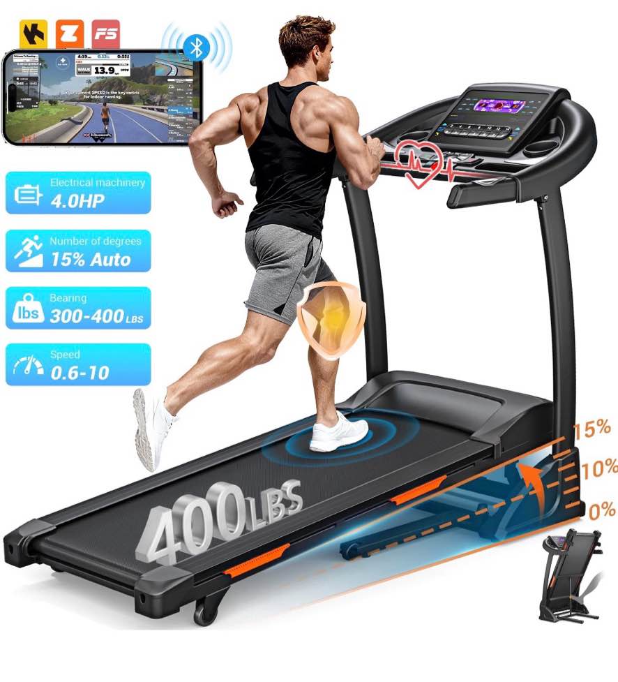 3.5hp folding treadmill  300lb capacity  15 levels auto incline treadmills for home running and walking max 10mph speed neche foldable eletreadmill running machine with app & bluetooth