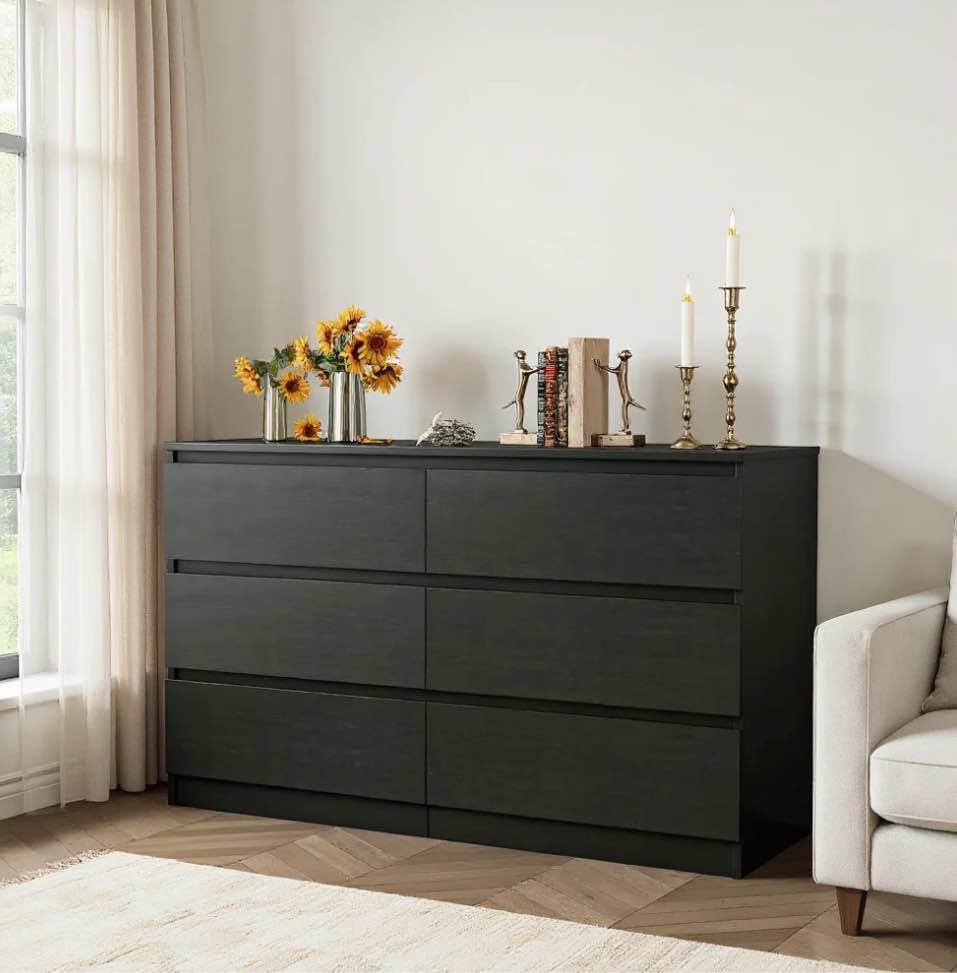 kadyn black chest of drawer, 6 double drawer dresser for bedroom, modern storage cabinet for living room, dresser