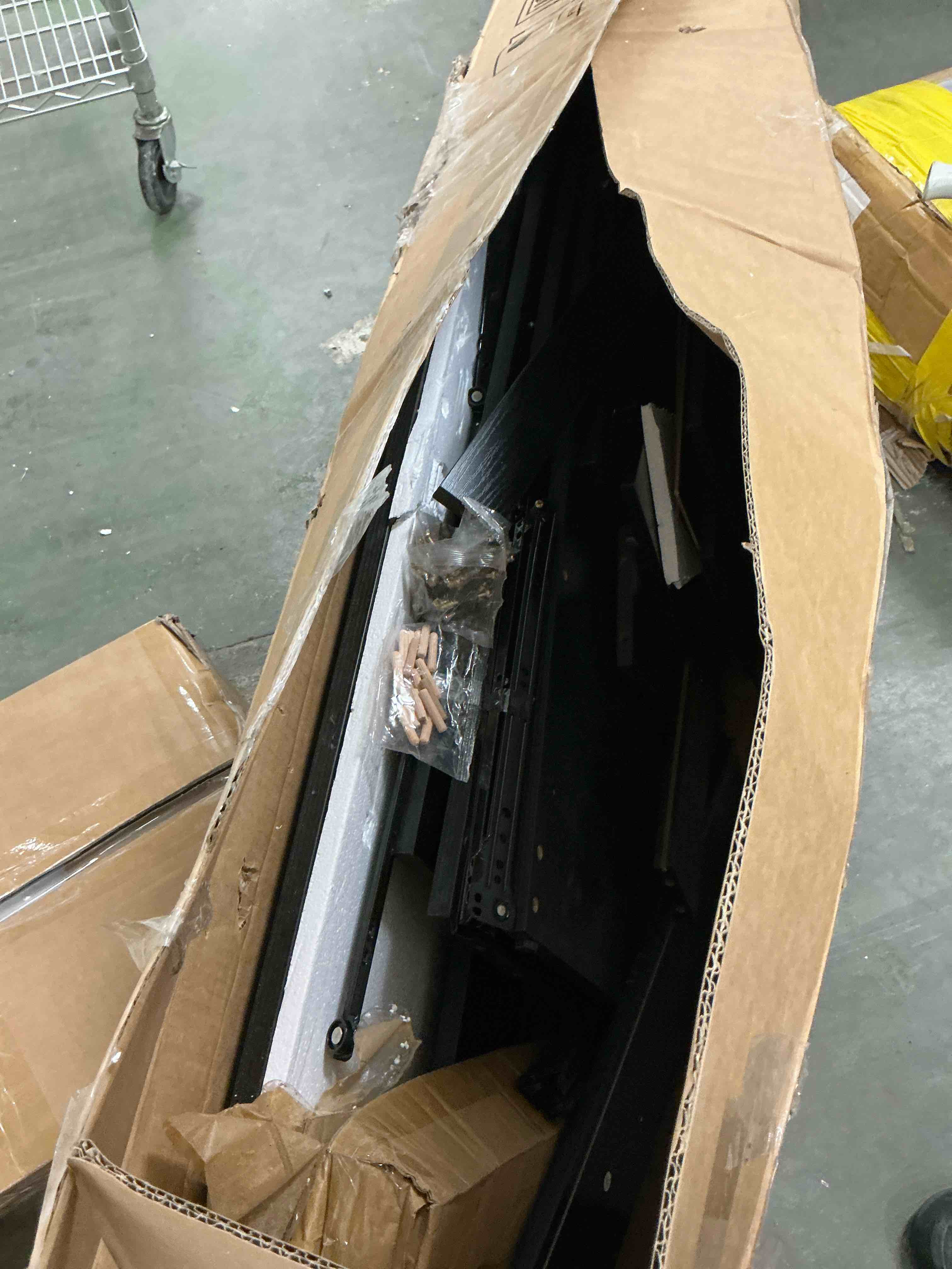 Condition photo showing As Is for kadyn black chest of drawer, 6 double drawer dresser for bedroom, modern storage cabinet for living room, dresser