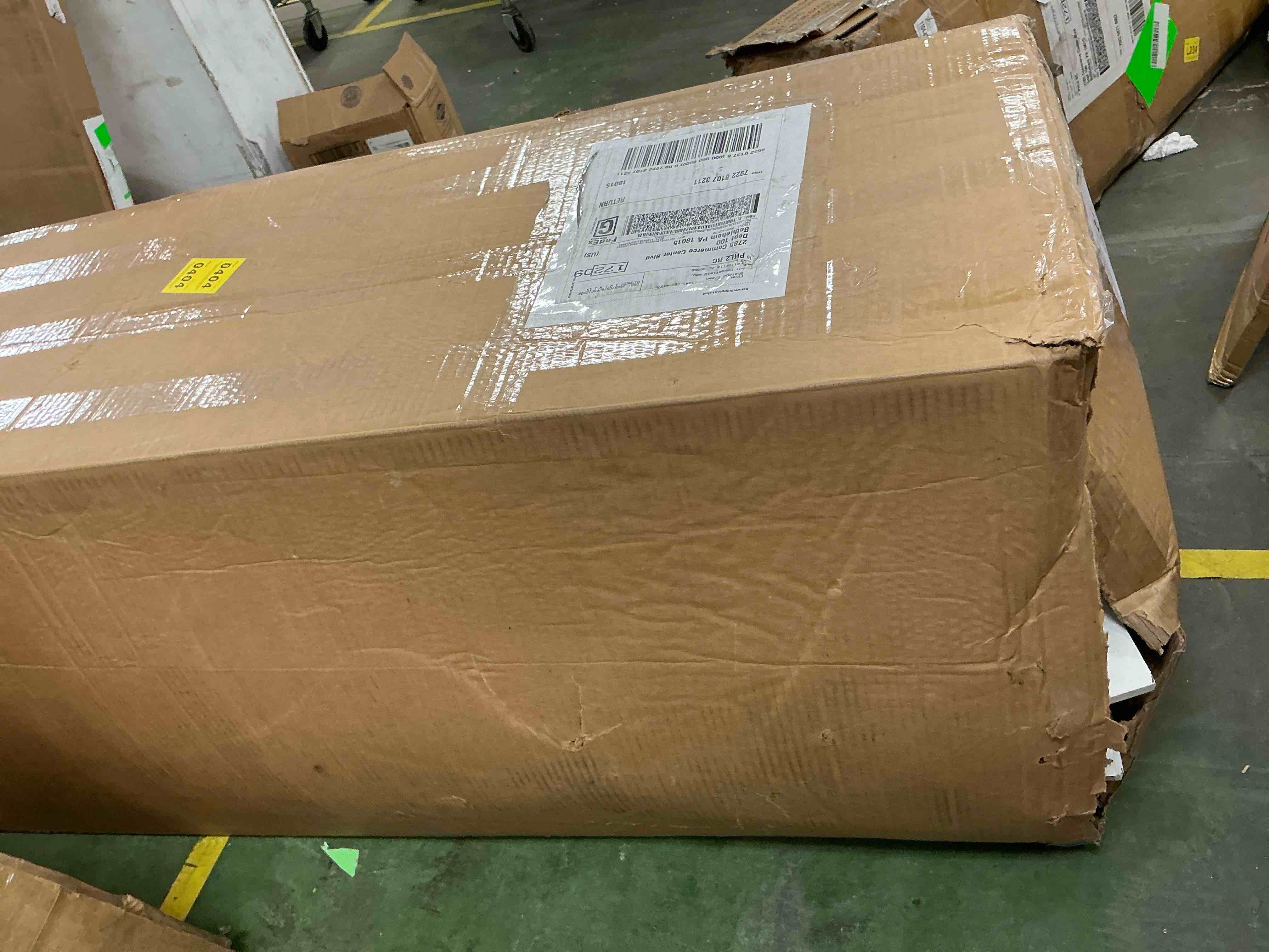 Condition photo showing As Is for bestier l shaped desk with drawers, 55.7" x 55" office computer desk with round corners, monitor stand & fluted panels, white & walnut