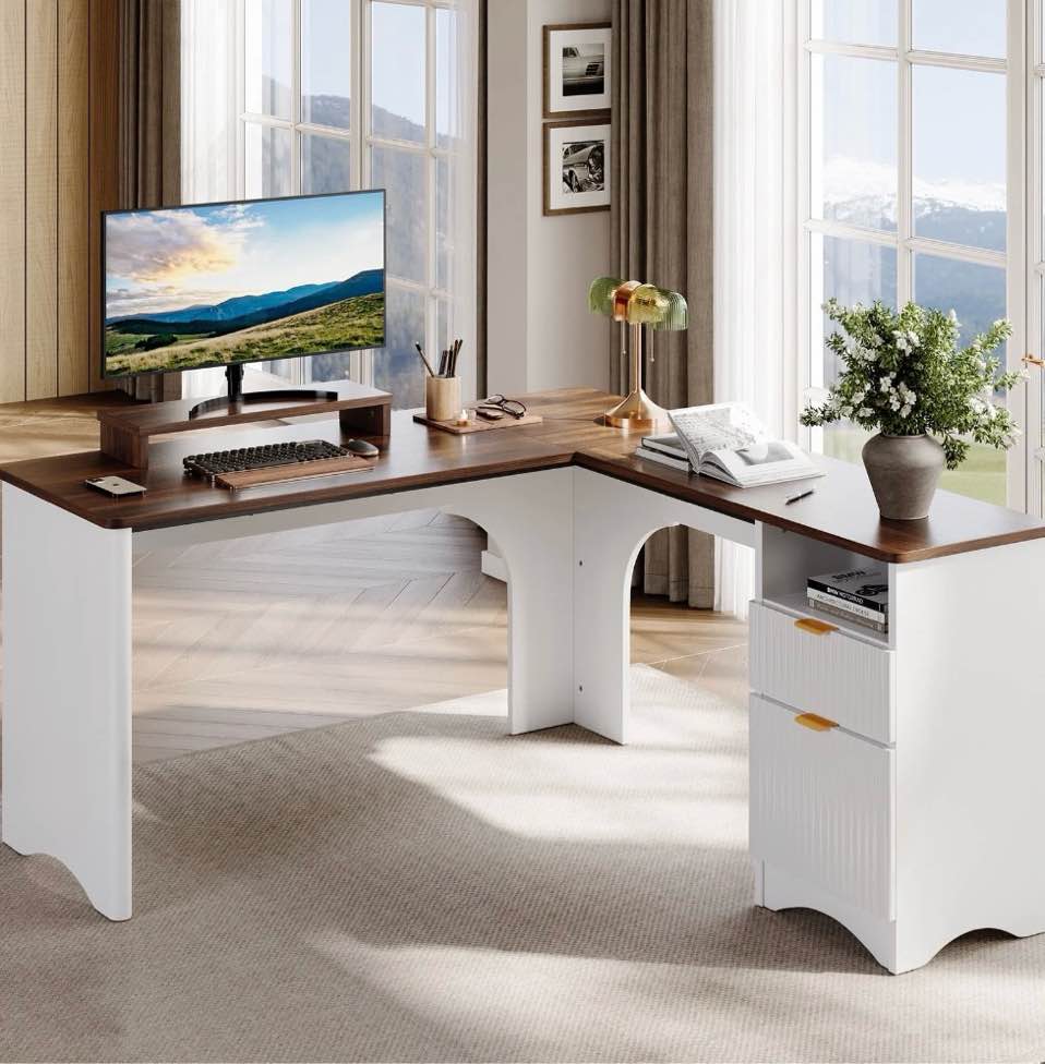 bestier l shaped desk with drawers, 55.7" x 55" office computer desk with round corners, monitor stand & fluted panels, white & walnut