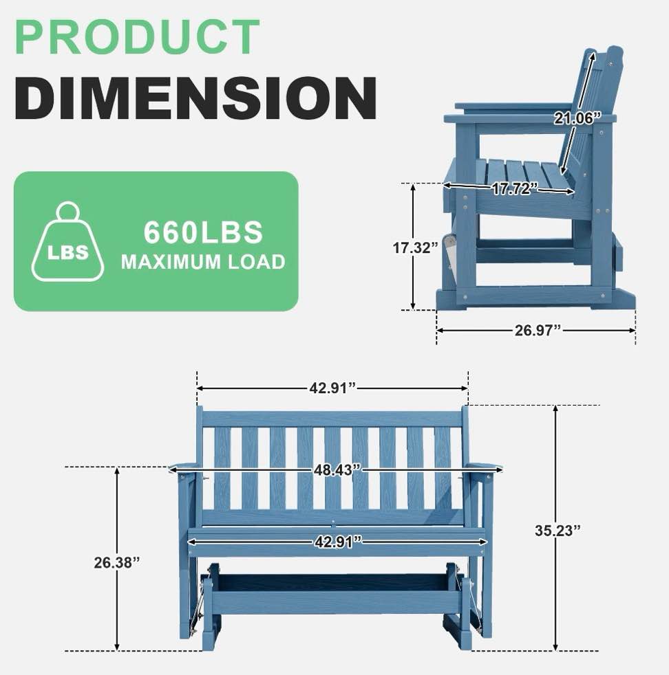 Condition photo showing New/Like New for serwall outdoor glider bench 2 person, hdpe material weather-resistant rocking chair swings for patio porch garden, blue